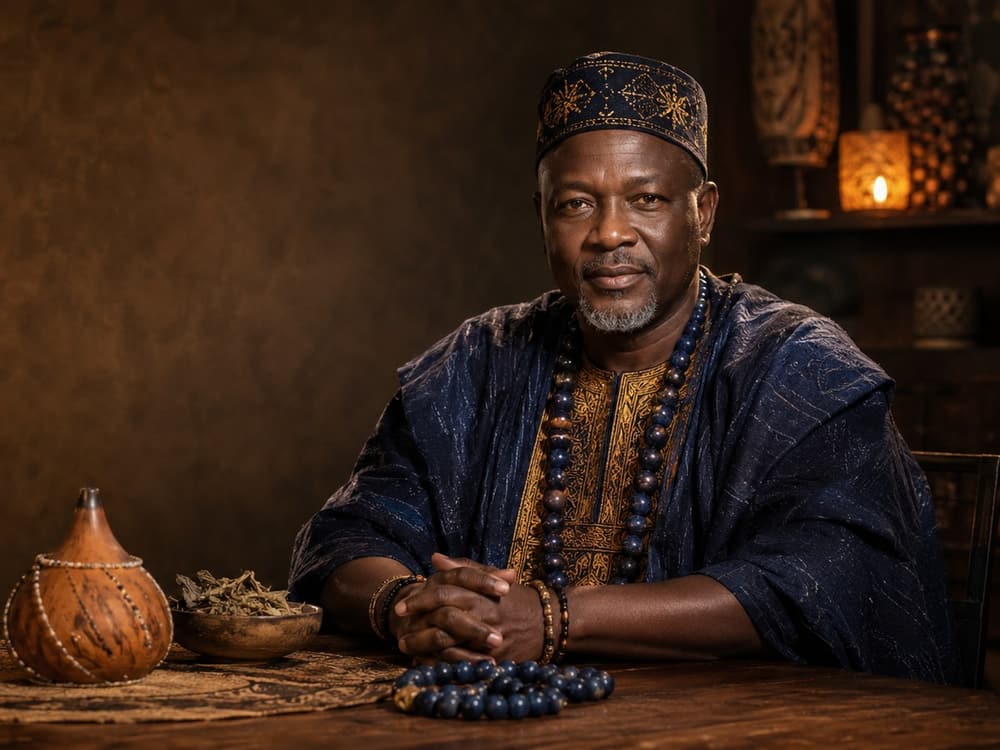 La table de consultation du Professeur Sako, bougies et objets rituels